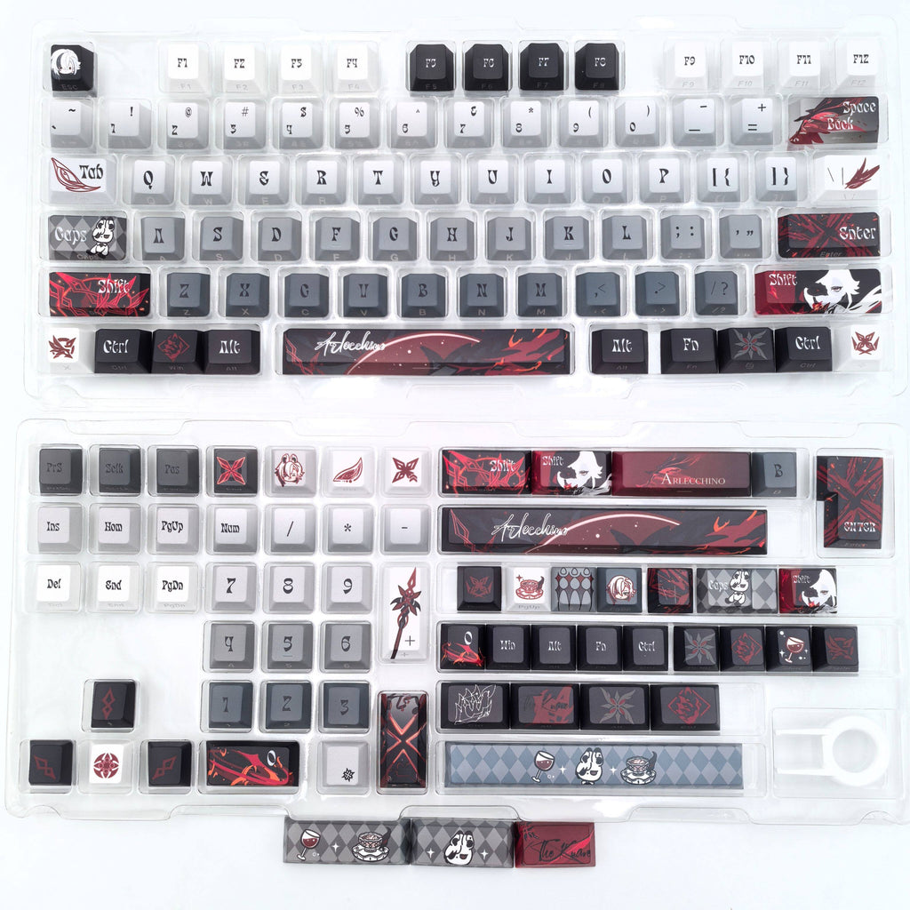 Full Arlecchino Genshin Impact keycap set laid out, Cherry profile, side etch