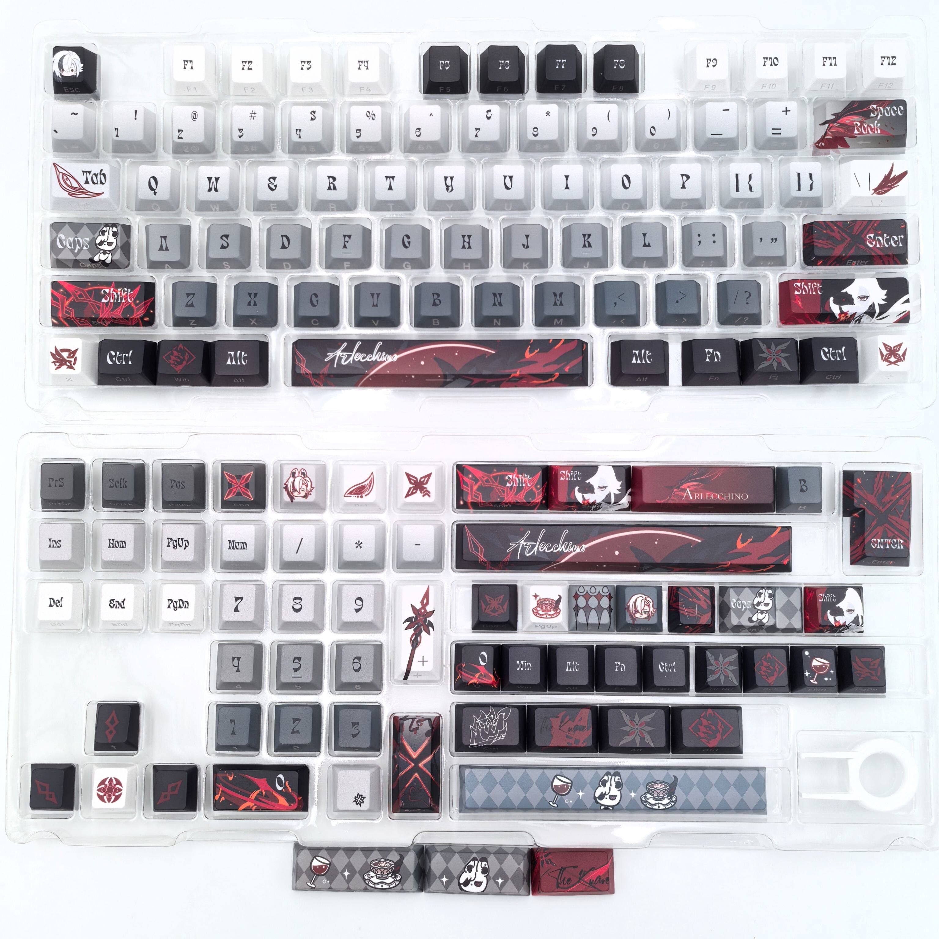 Full Arlecchino Genshin Impact keycap set laid out, Cherry profile, side etch