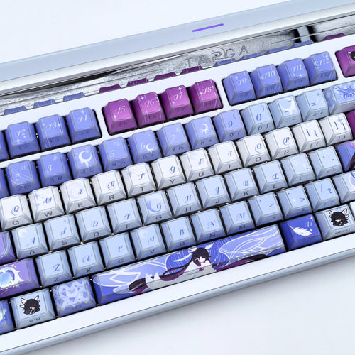 A close-up of a mechanical keyboard with Columbina keycaps.
