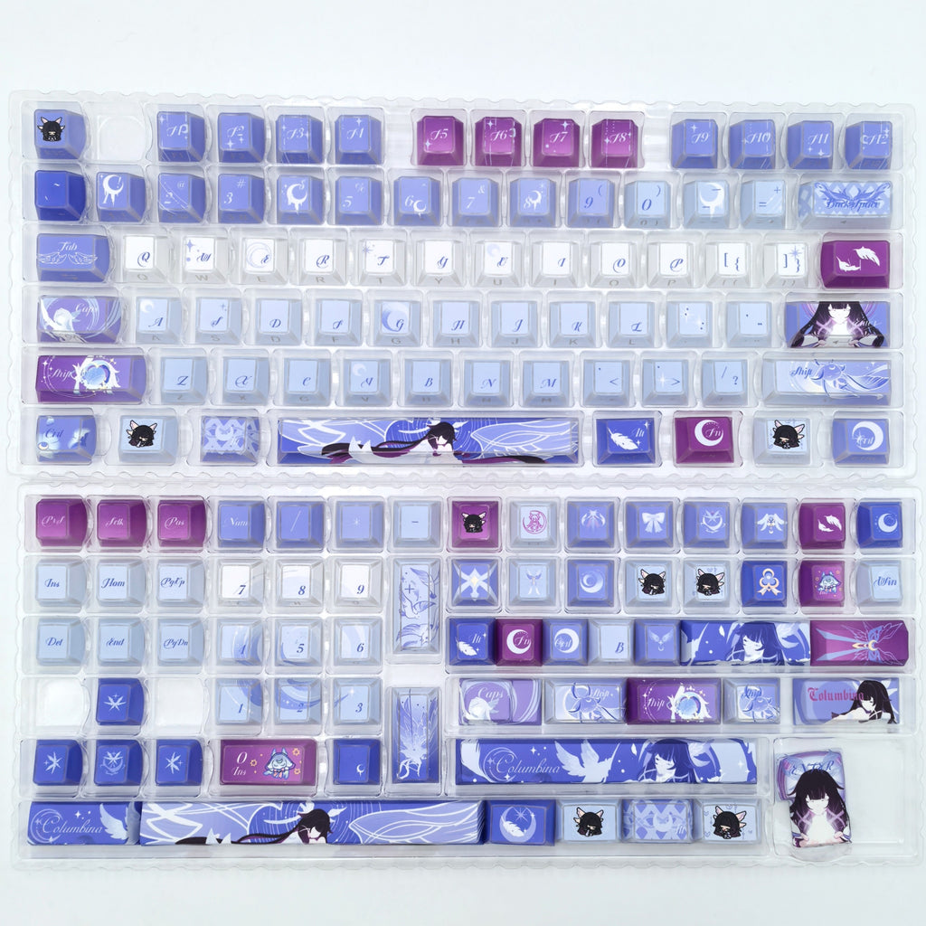 Full Columbina Genshin Impact keycap set laid out, Cherry PBT, Cherry profile