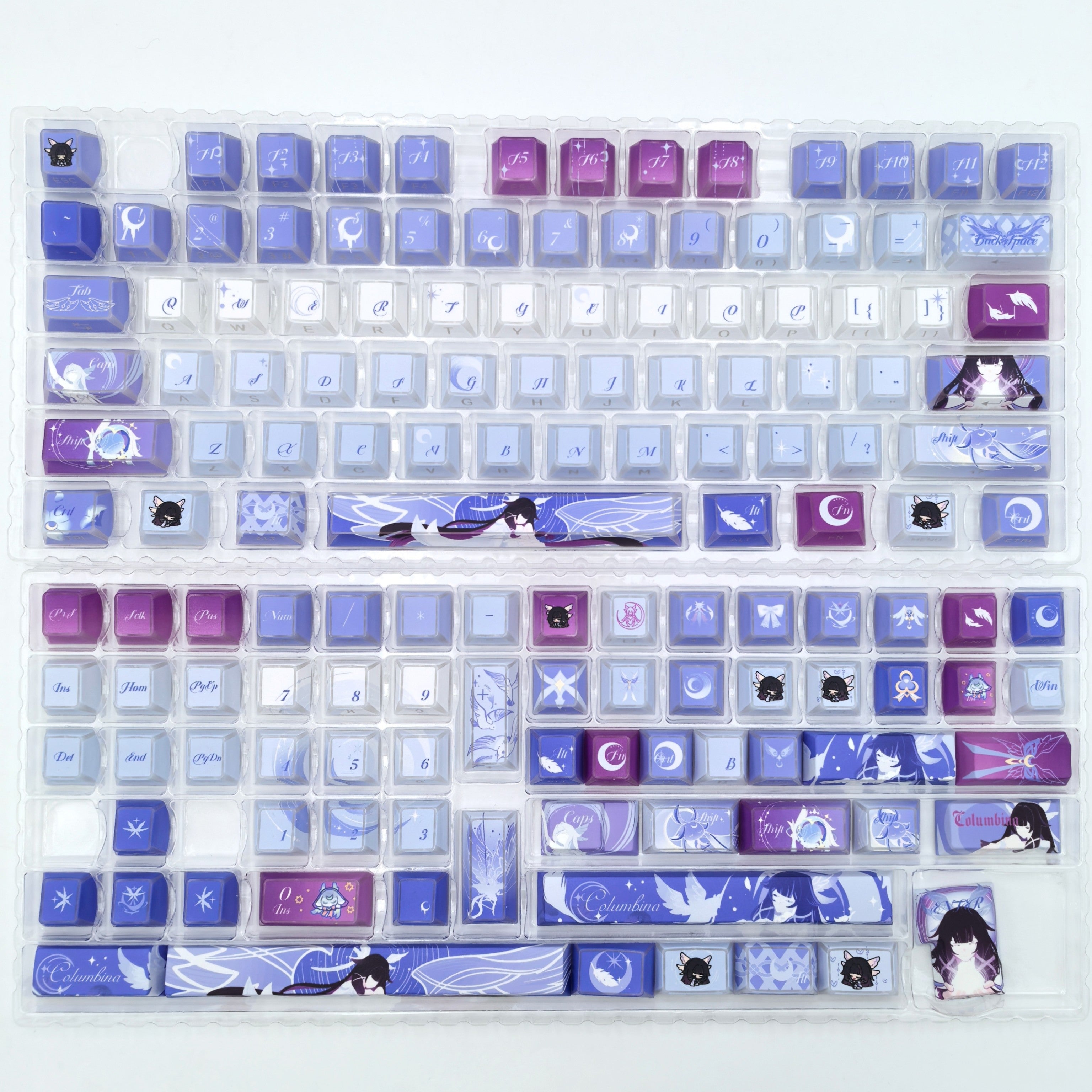 Full Columbina Genshin Impact keycap set laid out, Cherry PBT, Cherry profile