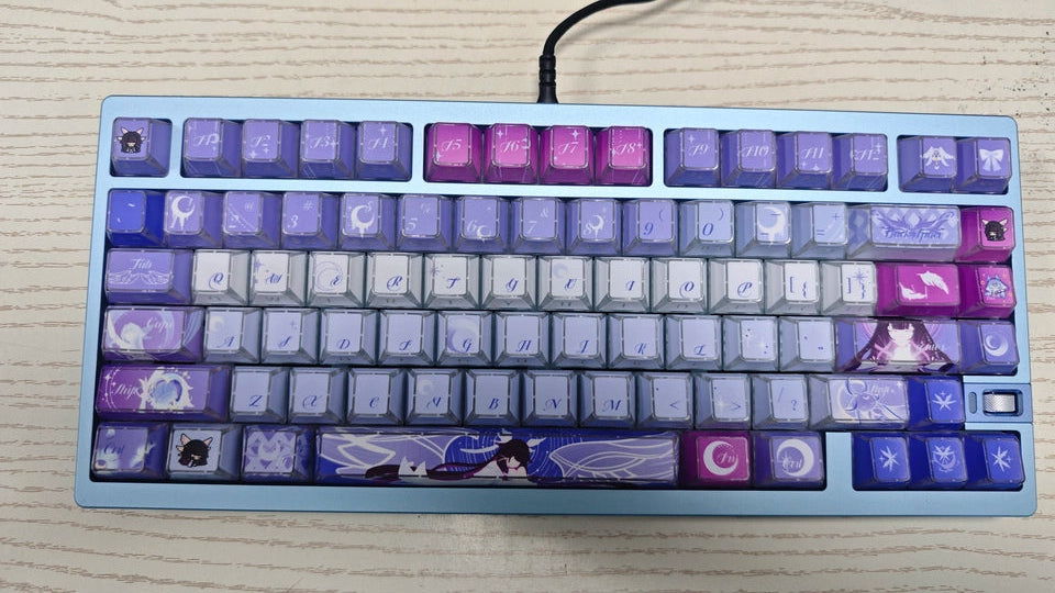 A 75% mechanical keyboard with a light blue frame, featuring the custom keycap set of this listing, shown on a light wood background.