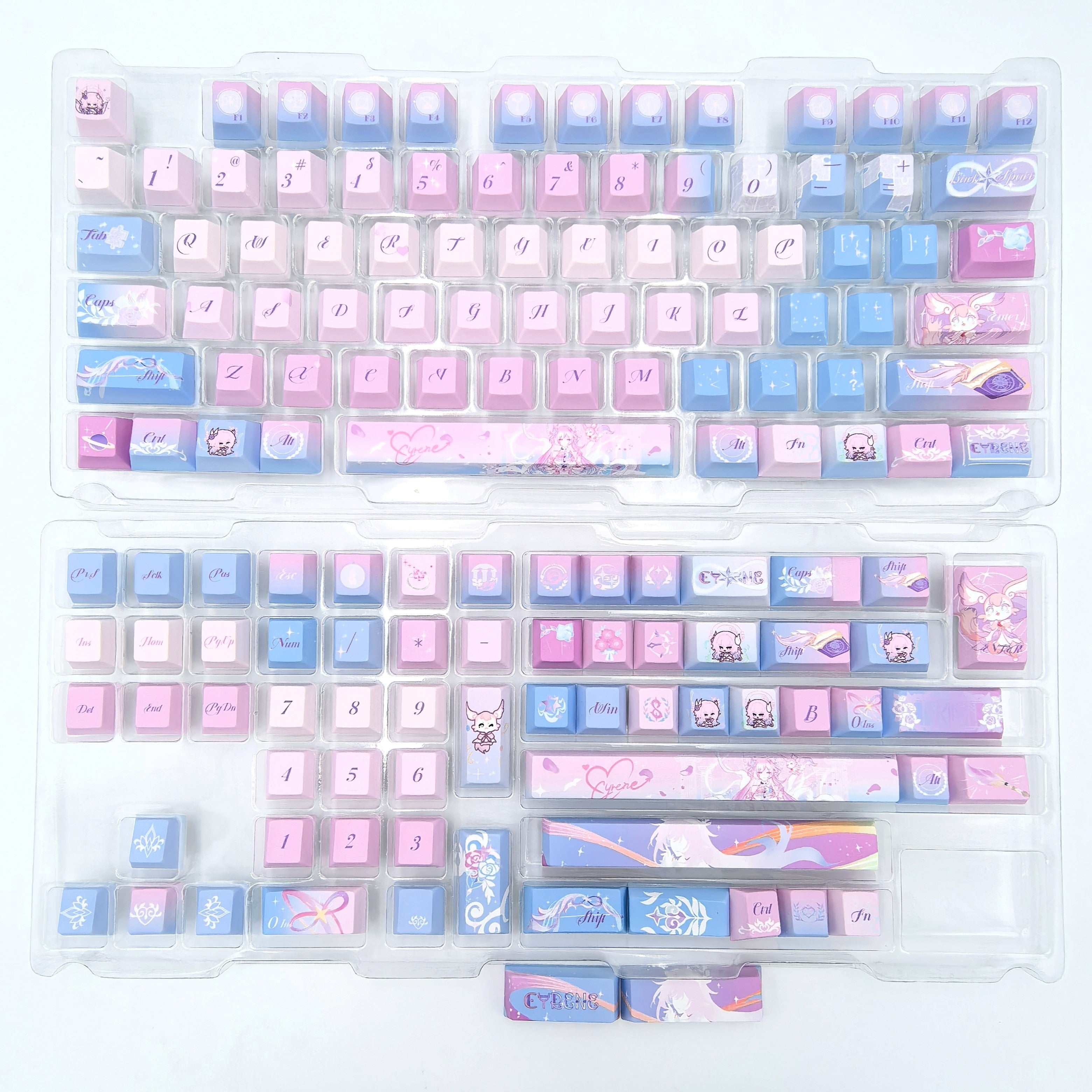 Full Cyrene Honkai Star Rail keycap set laid out, Cherry profile