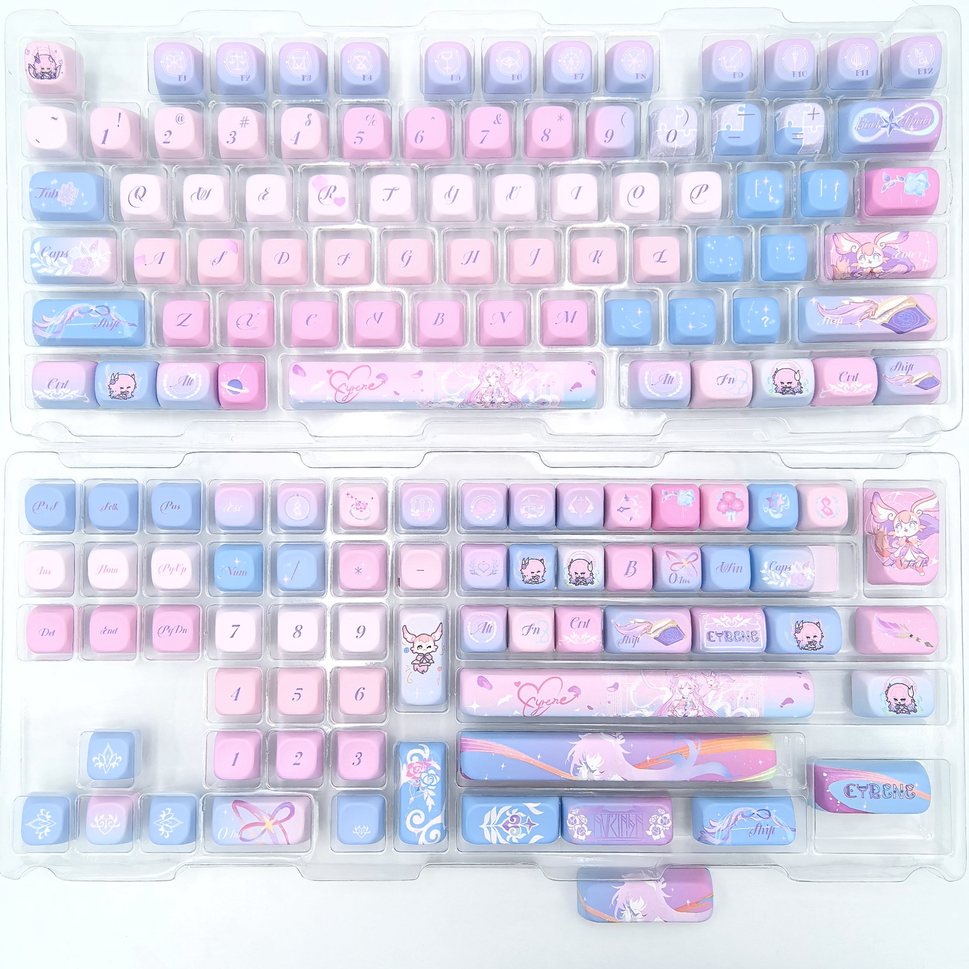 Full Cyrene Honkai Star Rail keycap set laid out, SOA profile