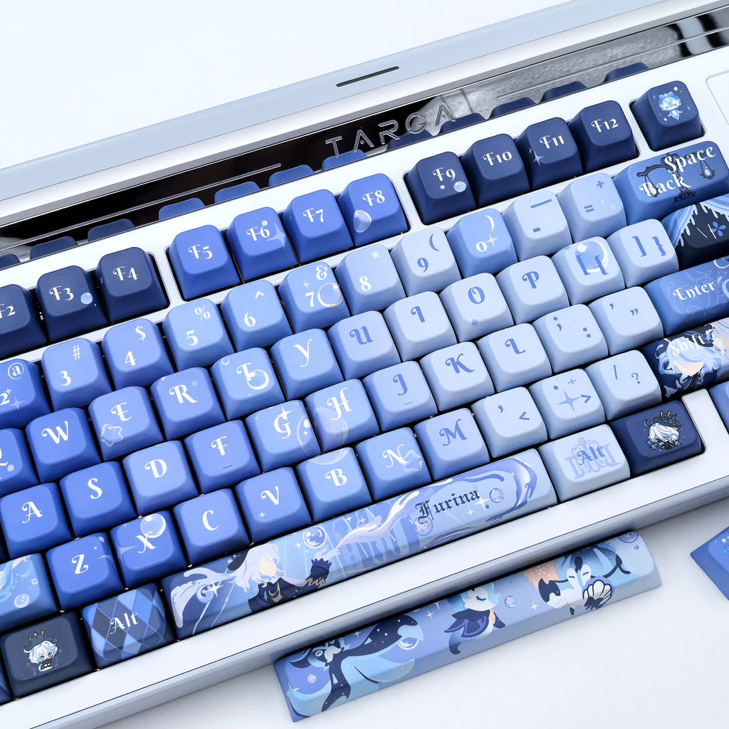 A close-up of a mechanical keyboard with Furina keycaps on a white surface.