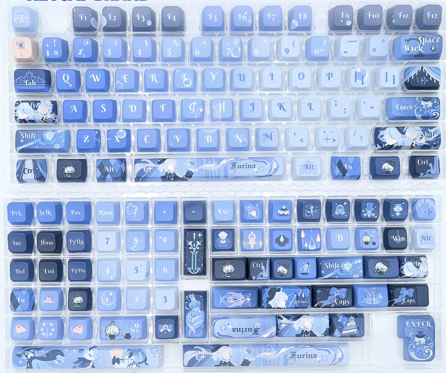 A set of Furina keycaps arranged in full display. The keycaps feature a blue and white theme with various character and landscape illustrations.