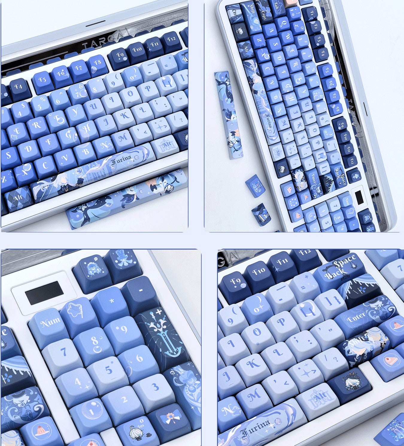 A collage of four close-up views showing a mechanical keyboard with Furina keycaps. The keyboard has a white frame and is photographed on a clean white background.