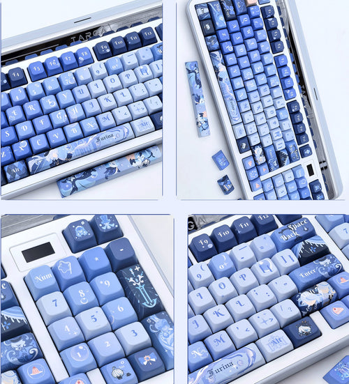 A collage of four close-up views showing a mechanical keyboard with Furina keycaps. The keyboard has a white frame and is photographed on a clean white background.