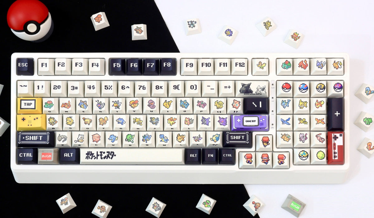 Close-up of Pokemon Kanto FireRed LeafGreen keycaps on a mechanical keyboard