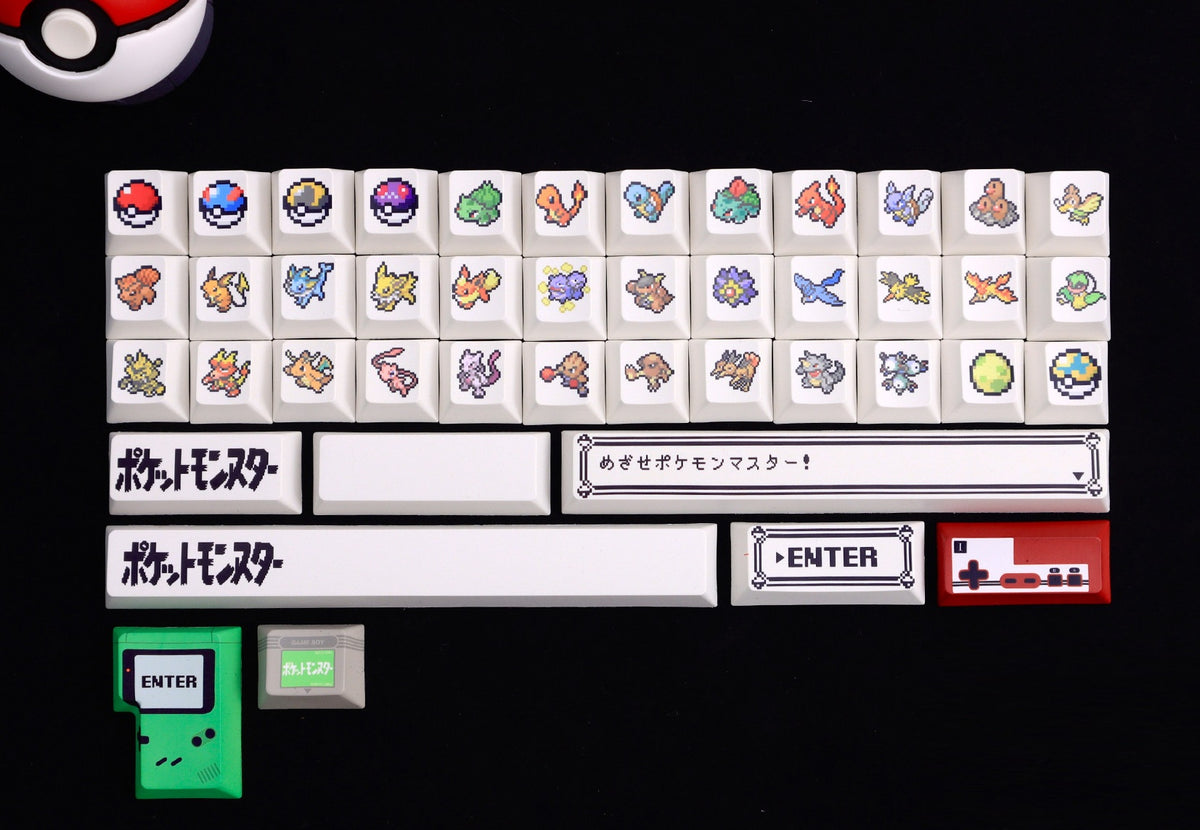 Close-up of Pokemon Kanto FireRed LeafGreen keycaps on a mechanical keyboard