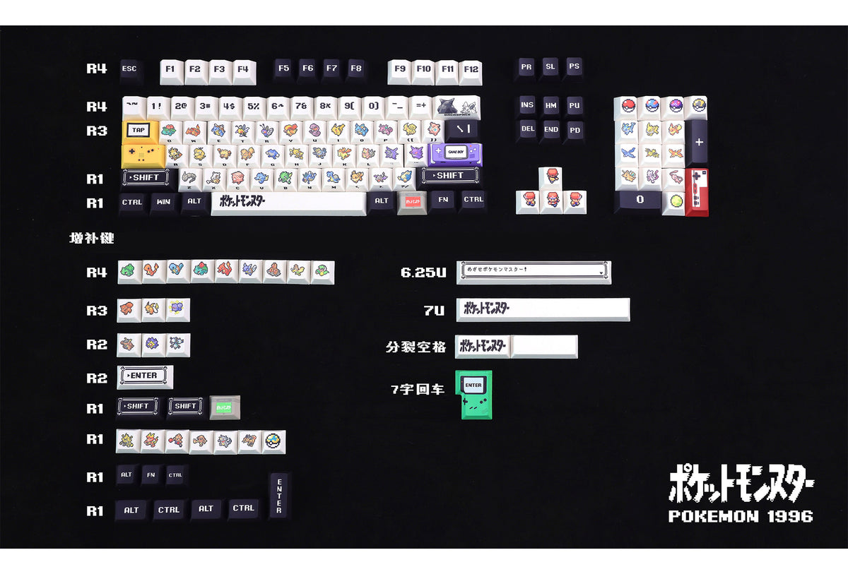 Full Pokemon Kanto FireRed LeafGreen 143-key keycap set laid out, Cherry profile, 5-side dye-sublimation