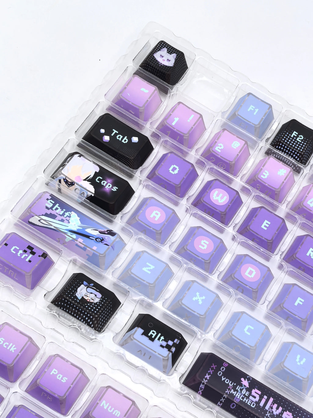 Silver Wolf Honkai Star Rail keycap set, Clear-Edge Side Etch finish, close-up angle