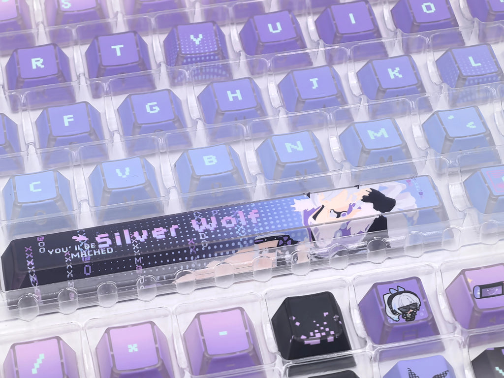 Silver Wolf Honkai Star Rail keycap set, Clear-Edge Side Etch finish, close-up angle