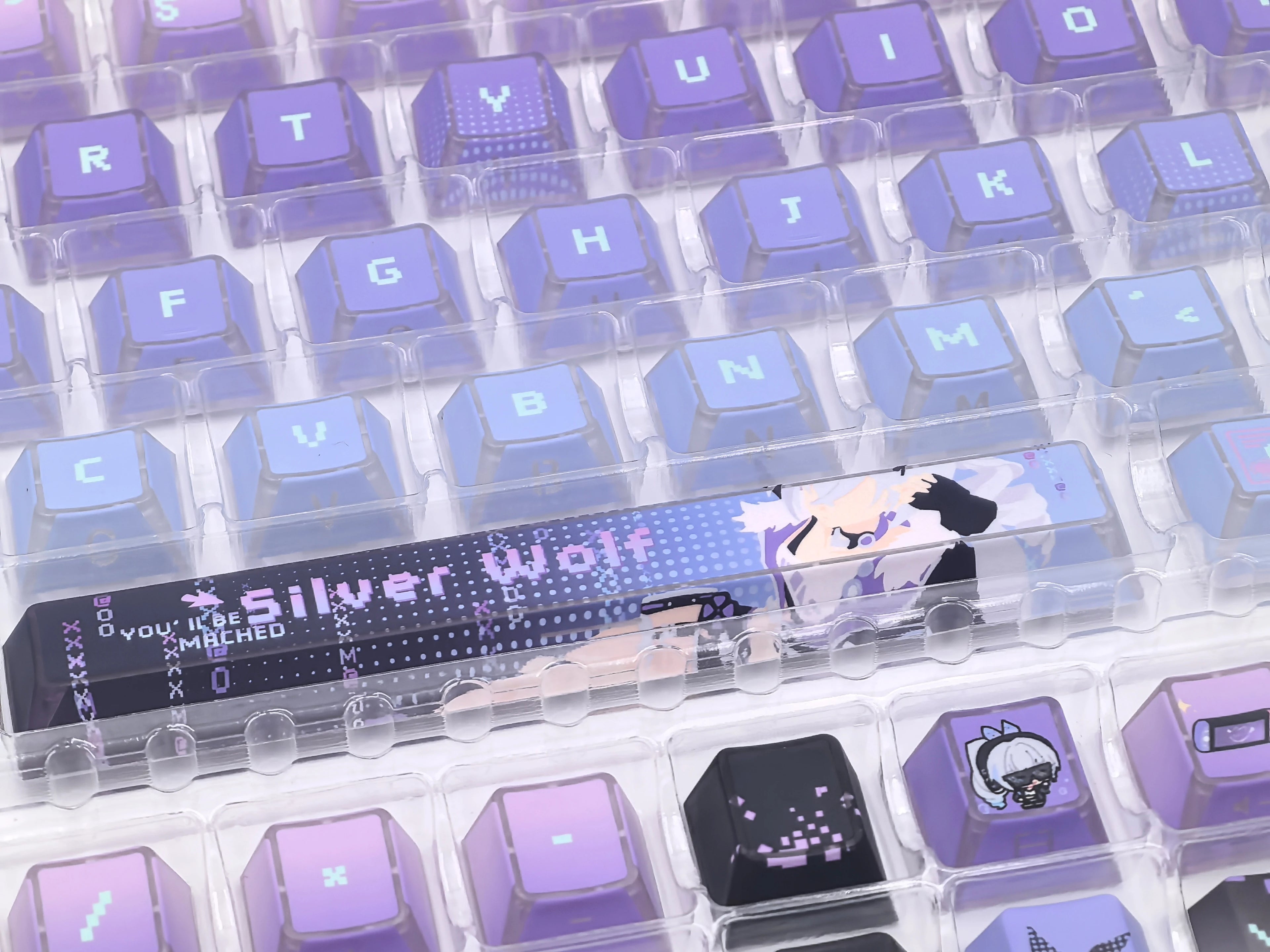 Silver Wolf Honkai Star Rail keycap set, Clear-Edge Side Etch finish, close-up angle