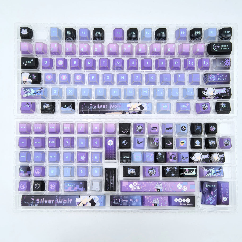 Full Silver Wolf Honkai Star Rail keycap set laid out, Clear-Edge Side Etch finish