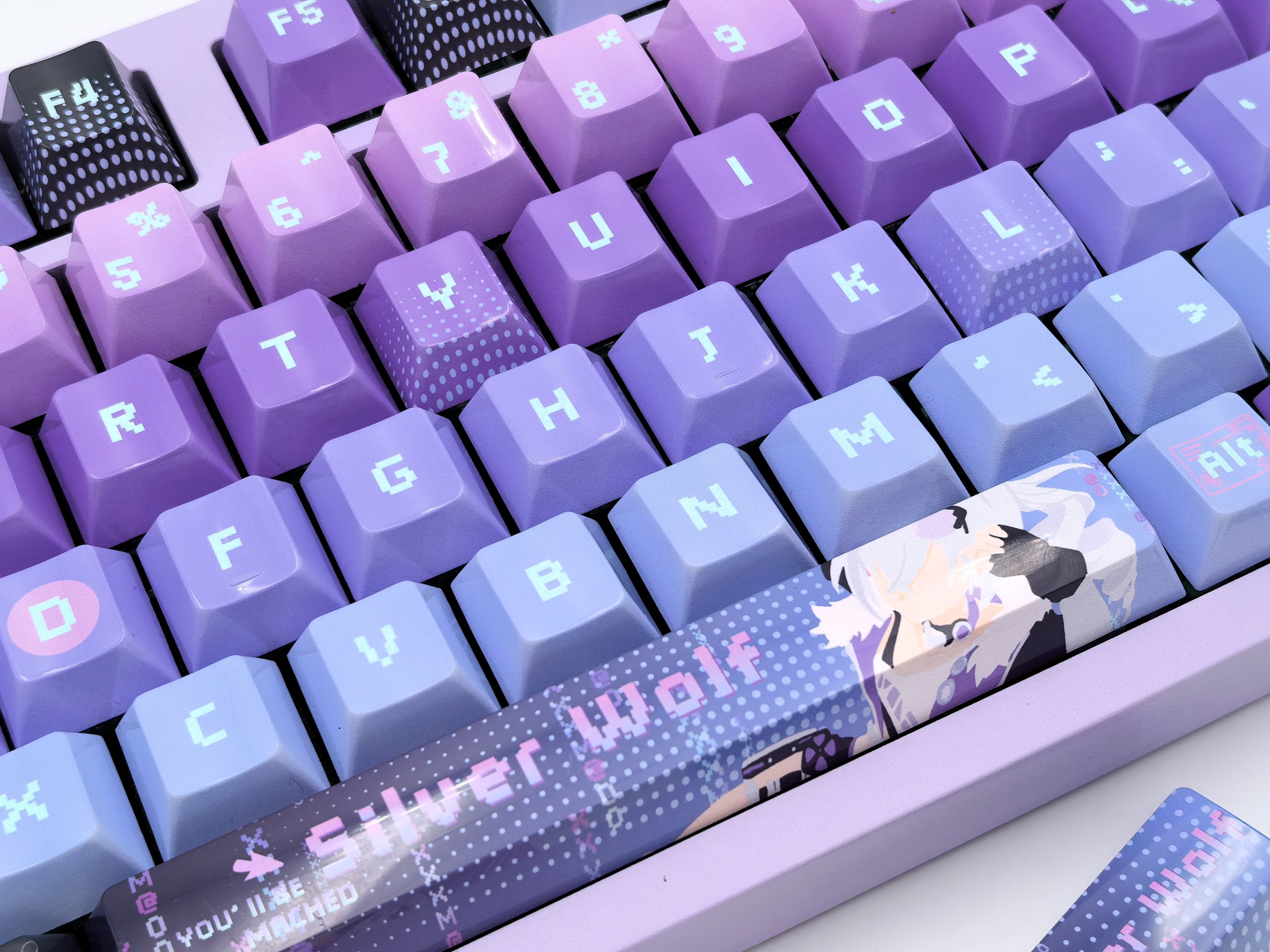 Silver Wolf Honkai Star Rail keycap set, Glossy finish, close-up angle
