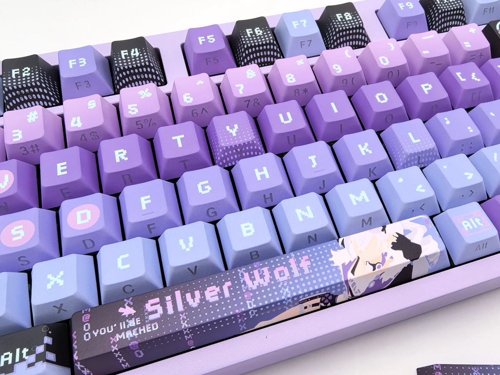 Silver Wolf Honkai Star Rail keycap set, Side Etch finish, close-up angle