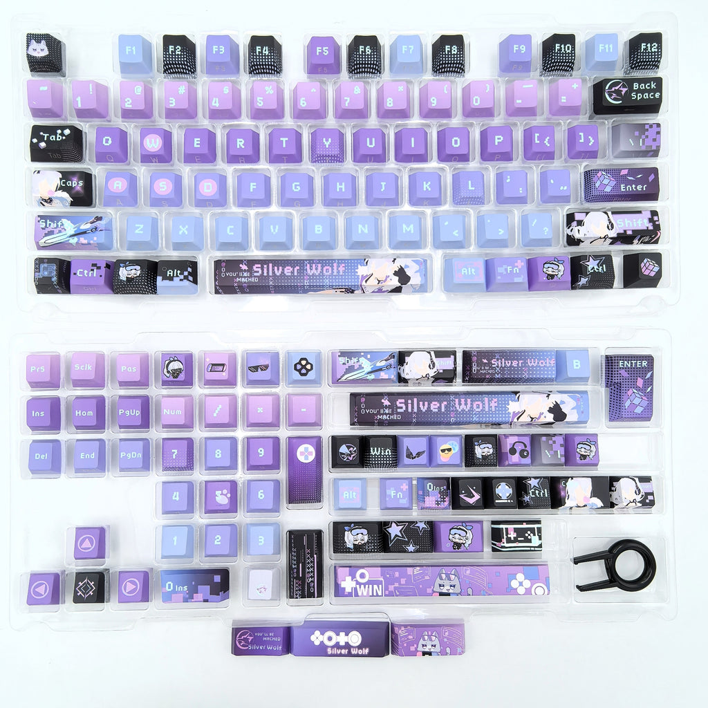Full Silver Wolf Honkai Star Rail keycap set laid out, Side Etch finish