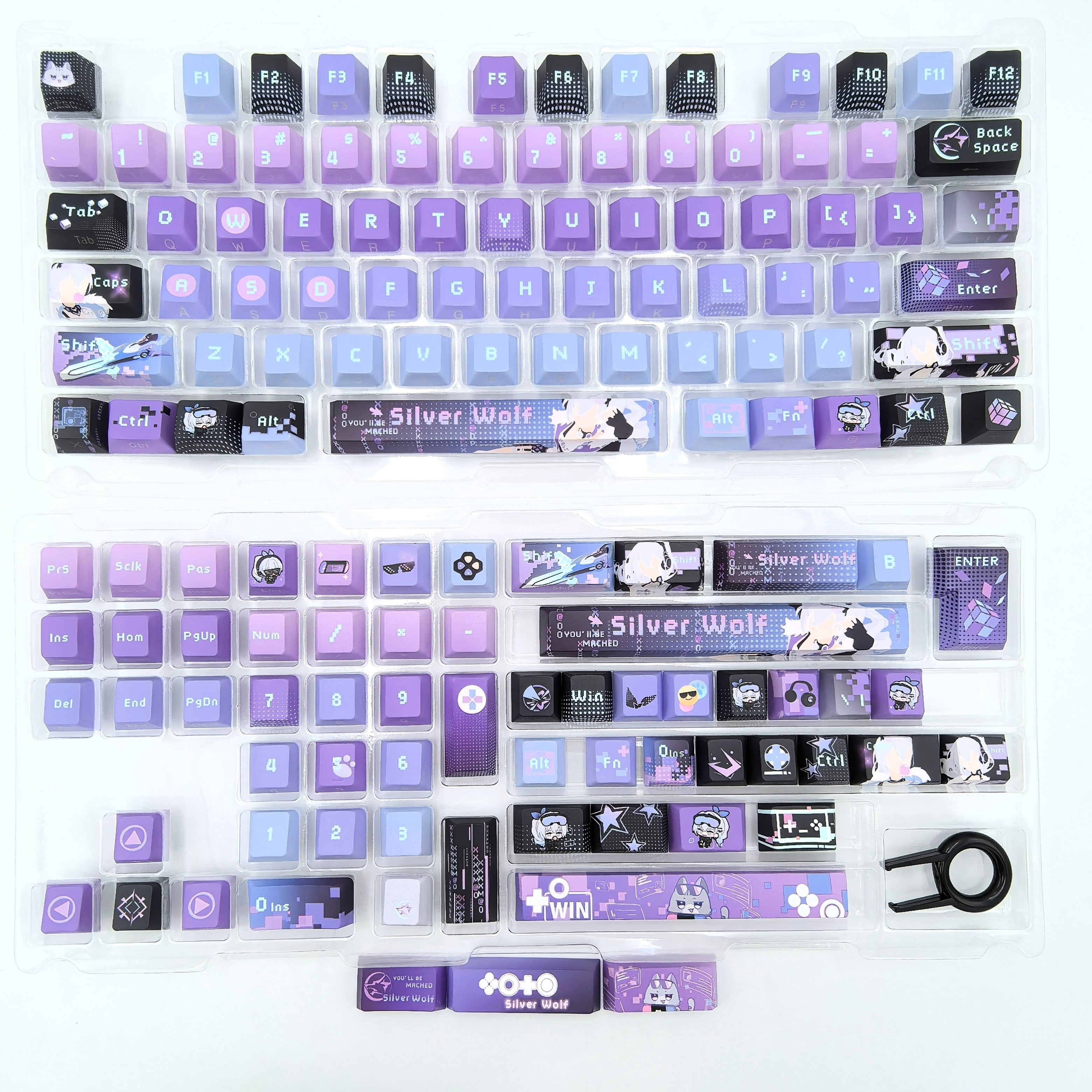 Full Silver Wolf Honkai Star Rail keycap set laid out, Side Etch finish