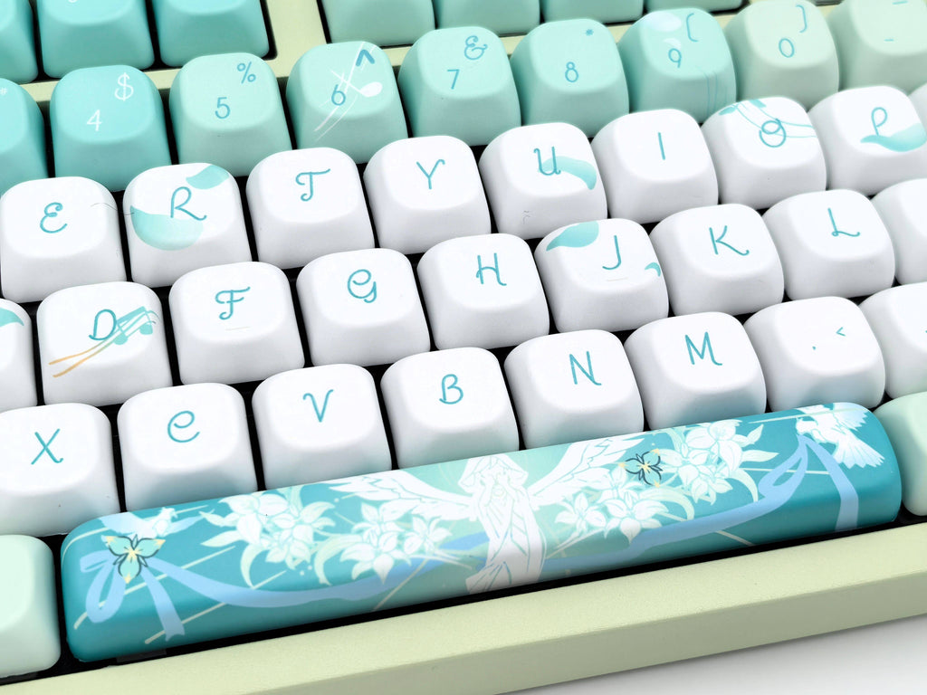 Center close-up of the Venti Genshin Impact keycap set on a mechanical keyboard, showing the full spacebar